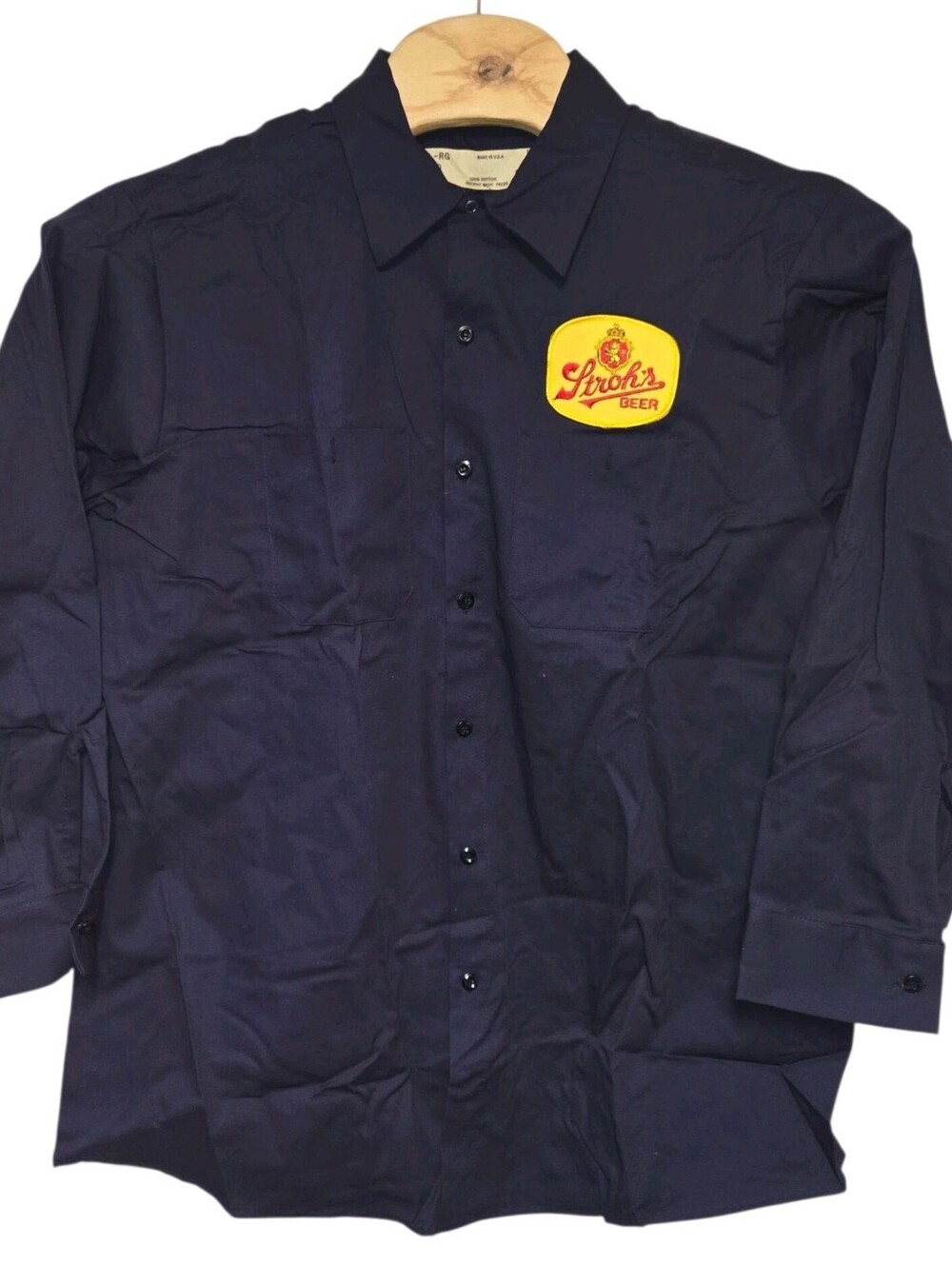 Vintage Stroh's Work Shirt Beer Delivery Guy Patch Men's XL Blue Long Sleeve USA